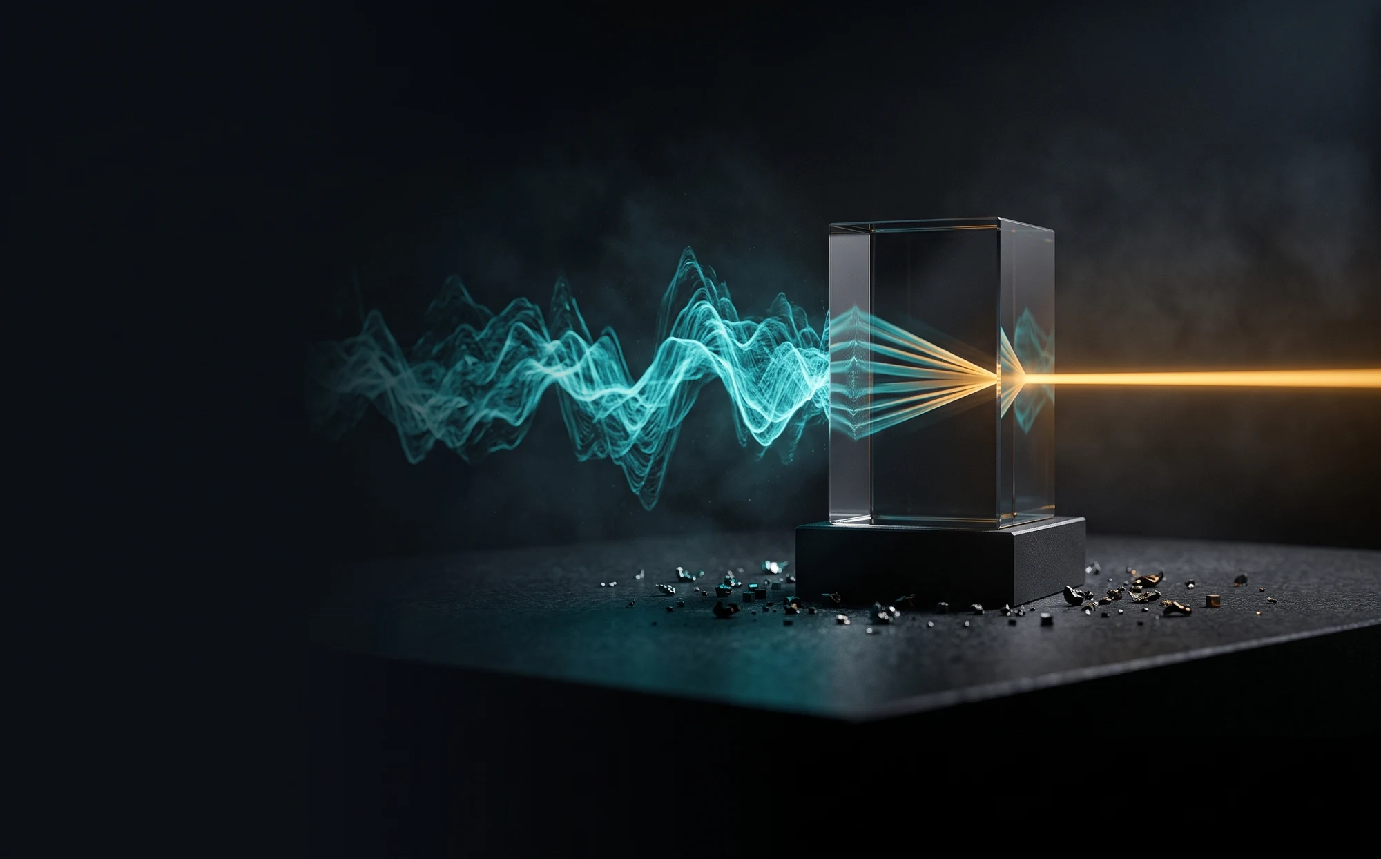 A glass block on dark stone, a teal wave of light on one side and an amber beam on the other.